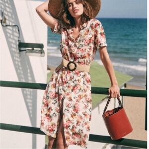 Sezane Floral Short-Sleeve Shirt Dress in White with Pink and Green Floral Print